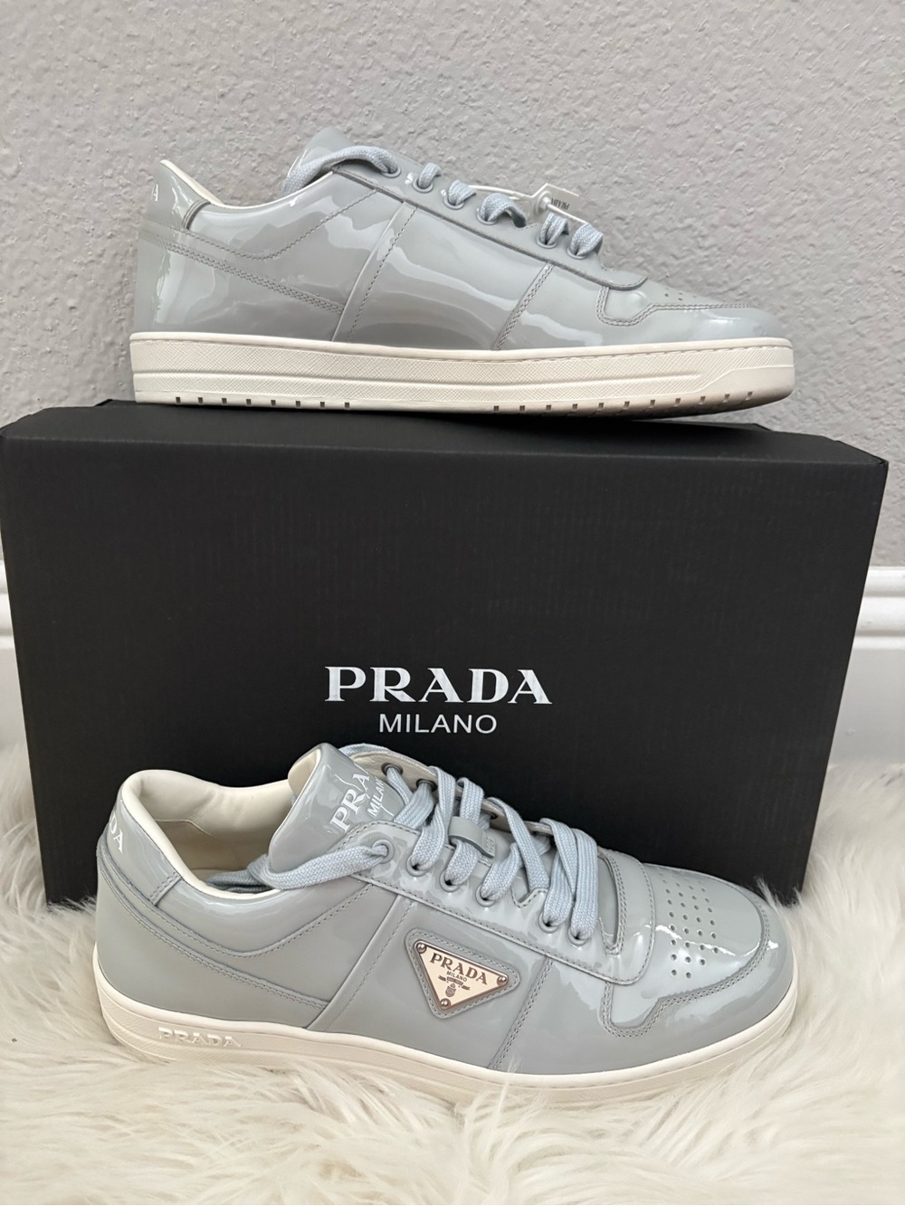 Prada Light Gray Patent Leather Low-Top Sneakers